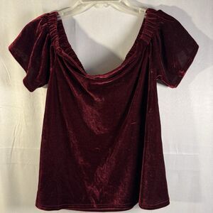 Dee Ely Velvet Top Women’s Large Burgundy Short Sleeve Ruched Scoop Neck Party